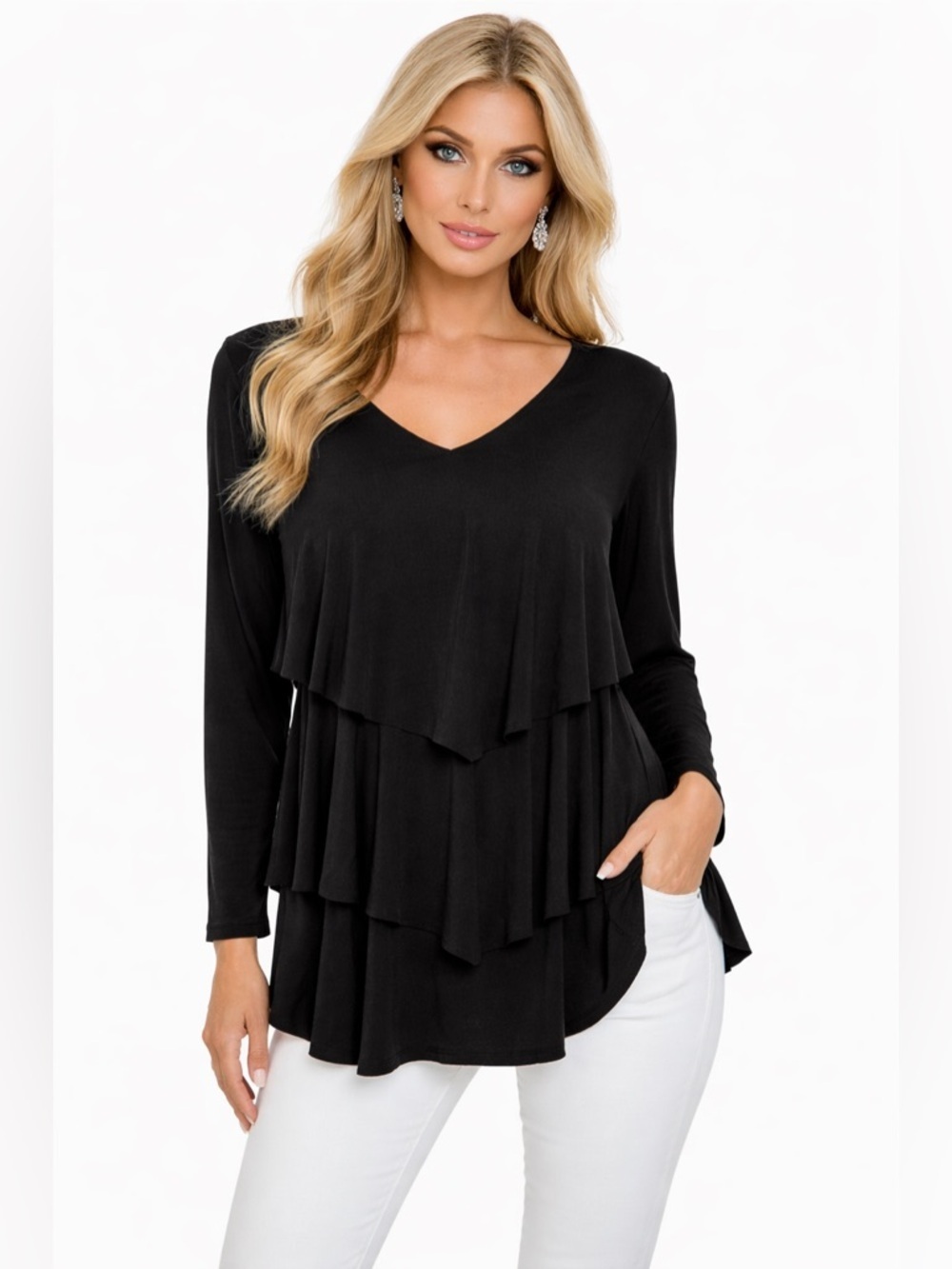Susan Graver Black Layered Tunic Top Size Small Long Sleeve V Neck
